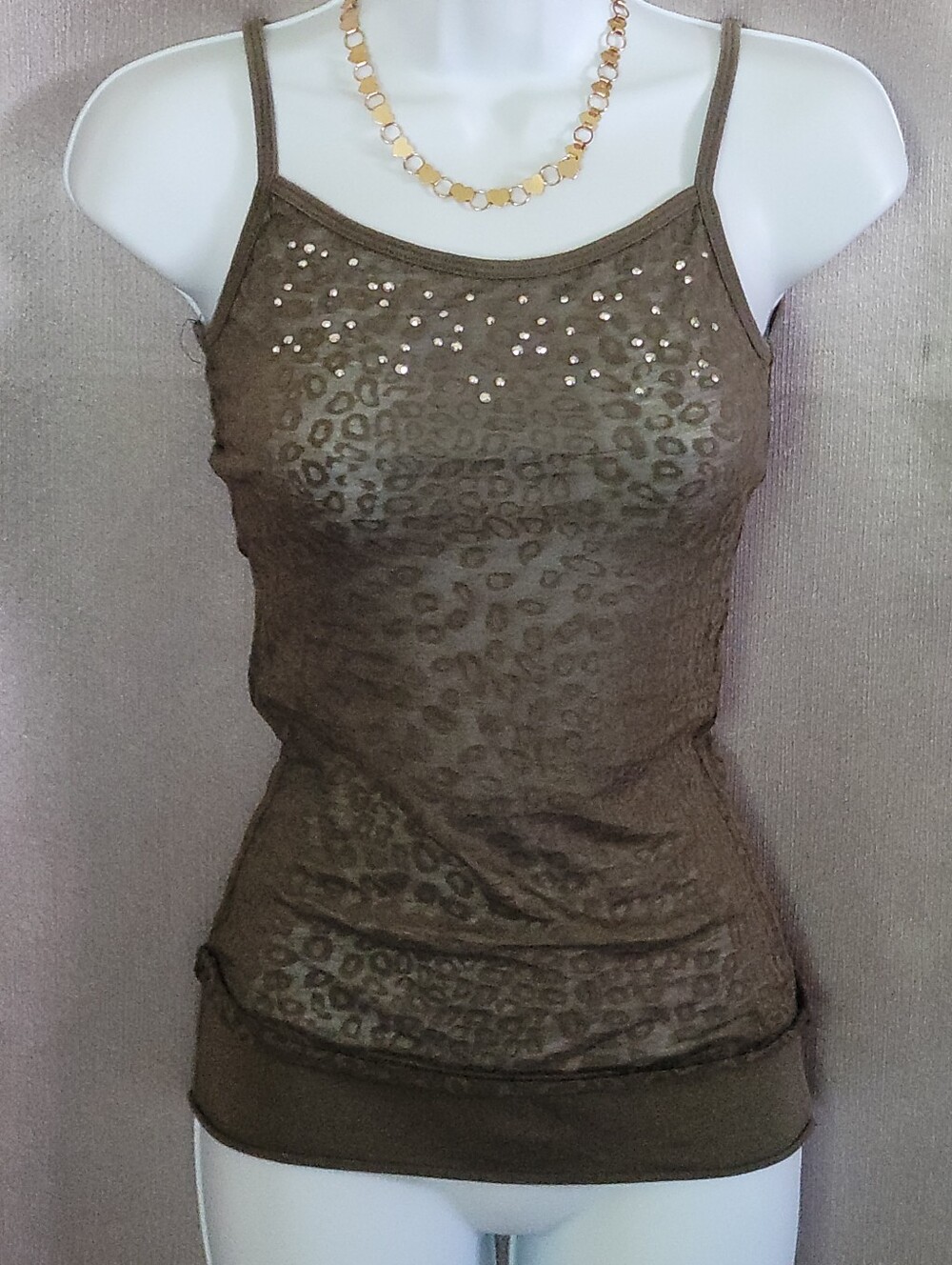 Brown Leopard-Print Sheer Camisole Tank Top with Embellished Neckline
